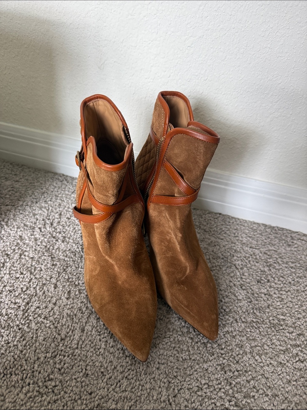 Pointed Suede Ankle Booties with Leather Accent in Brown